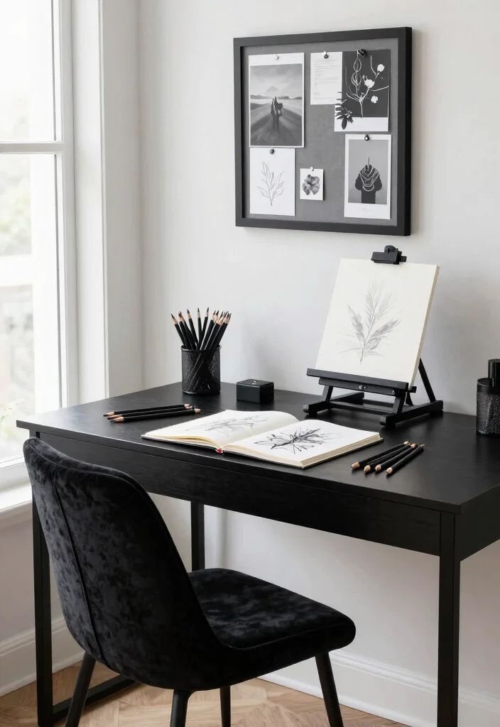 14 All Black Desk Setup Ideas That Look Sleek - 3. The Artistic Touch 1