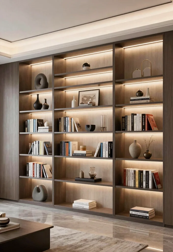14 Bookshelf Built-in Wall Ideas That Feel Seamless - 6. Open Shelving with Accent Lighting 1
