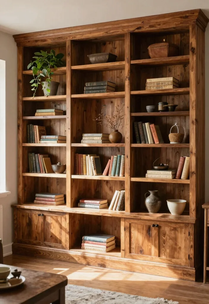14 Bookshelf Built-in Wall Ideas That Feel Seamless - 7. Rustic Charm with Wood Accents 1