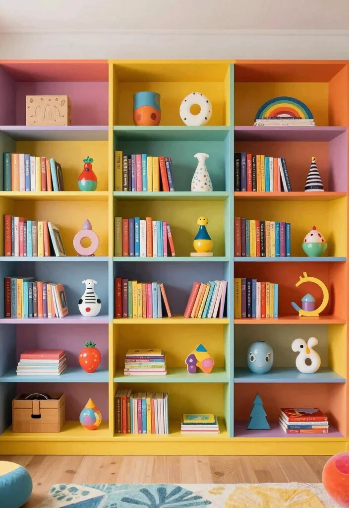 14 Bookshelf Built-in Wall Ideas That Feel Seamless - 8. Colorful Contrasts 1
