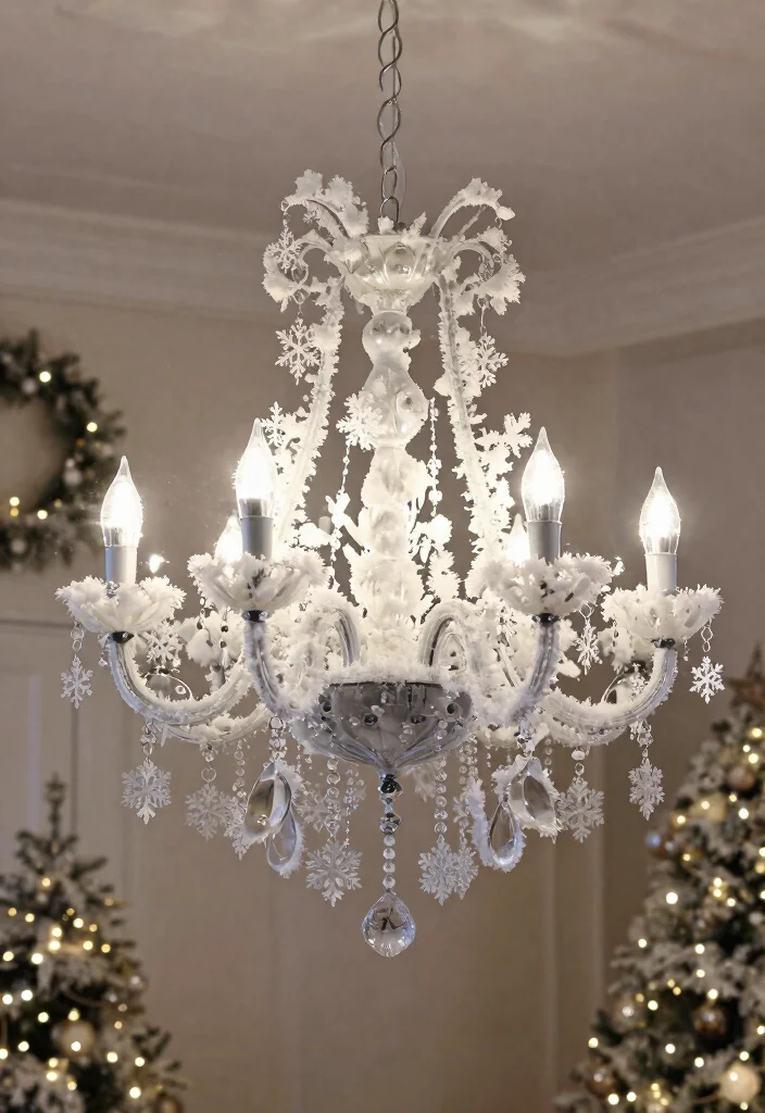 14 Chandelier Decorations for Christmas Ideas That Sparkle - 14. Snowy Effects 1
