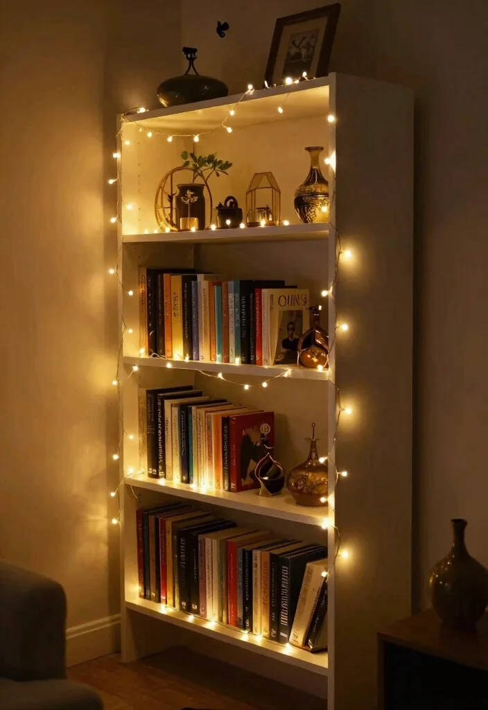 14 Cheap Bookshelf Makeover Ideas That Look Expensive 39 14 Cheap Bookshelf Makeover Ideas That Look Expensive - 9. Decorative Lighting 1
