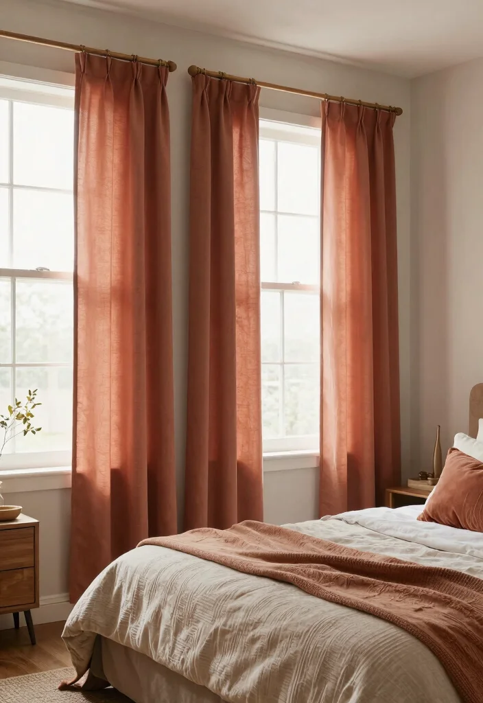 14 Curtains for Short Windows in Bedroom Ideas That Work - 10. Warm Hues with Wooden Rods 1