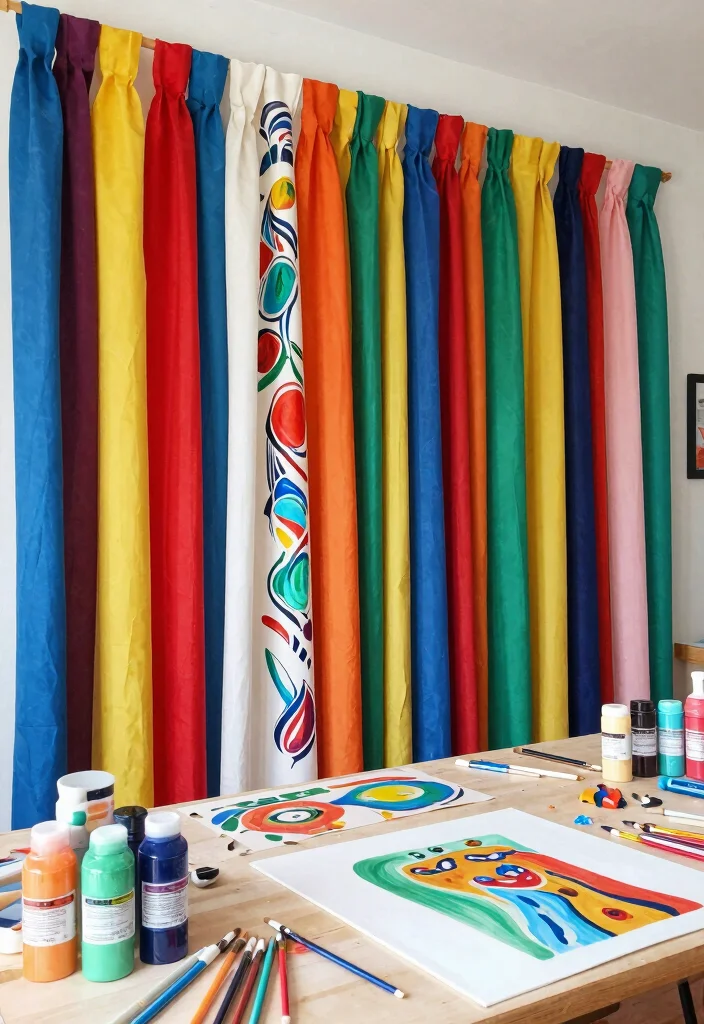 14 Fabric Strip Curtains Ideas With Boho Charm - 11. Artistic Fabric Paint Designs 1