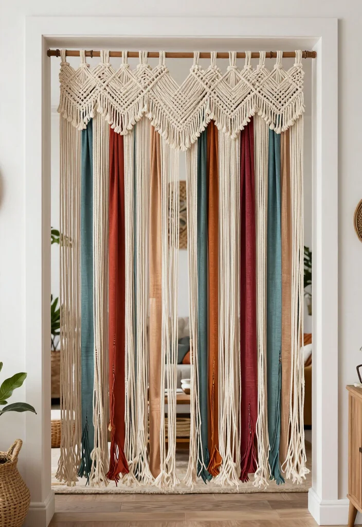 14 Fabric Strip Curtains Ideas With Boho Charm - 3. Bohemian Macramé Touch 1