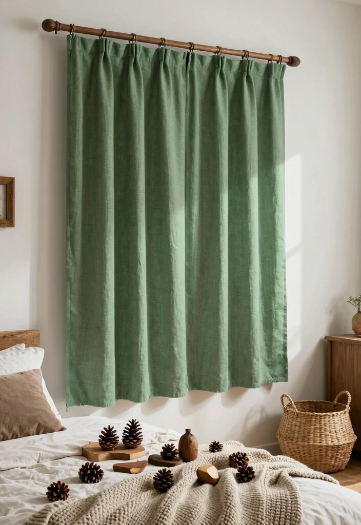 14 Green Bedroom Curtains Ideas That Feel Calm & Fresh - 10. Rustic Green Canvas Curtains 1