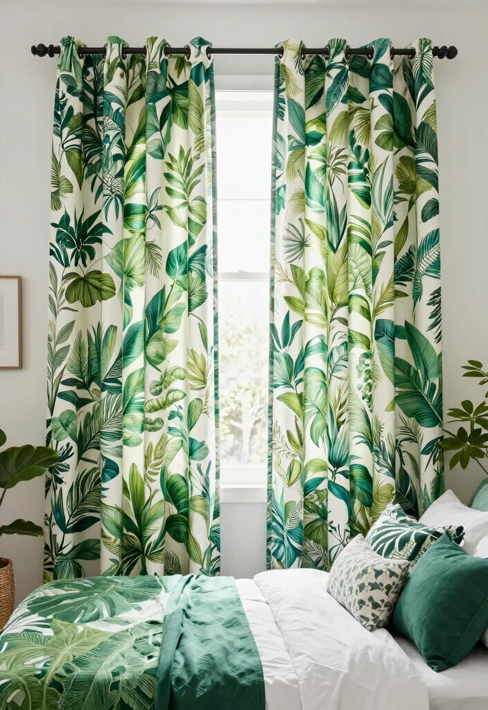14 Green Bedroom Curtains Ideas That Feel Calm & Fresh - 11. Botanical Prints on Curtains 1