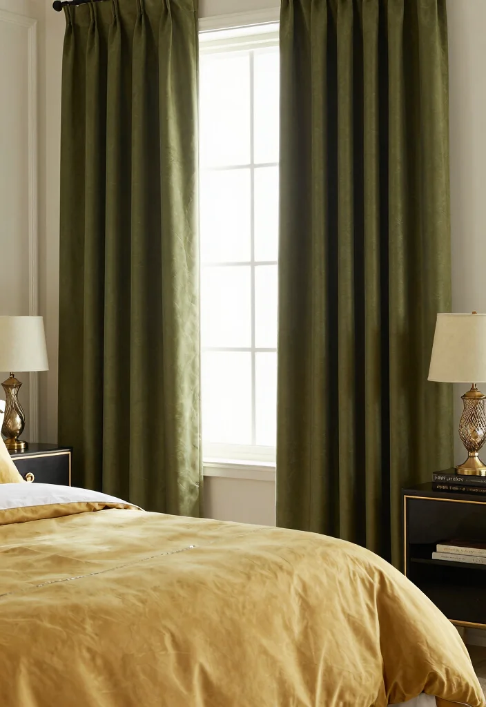 14 Green Bedroom Curtains Ideas That Feel Calm & Fresh - 12. Rich Olive Green Curtains 1