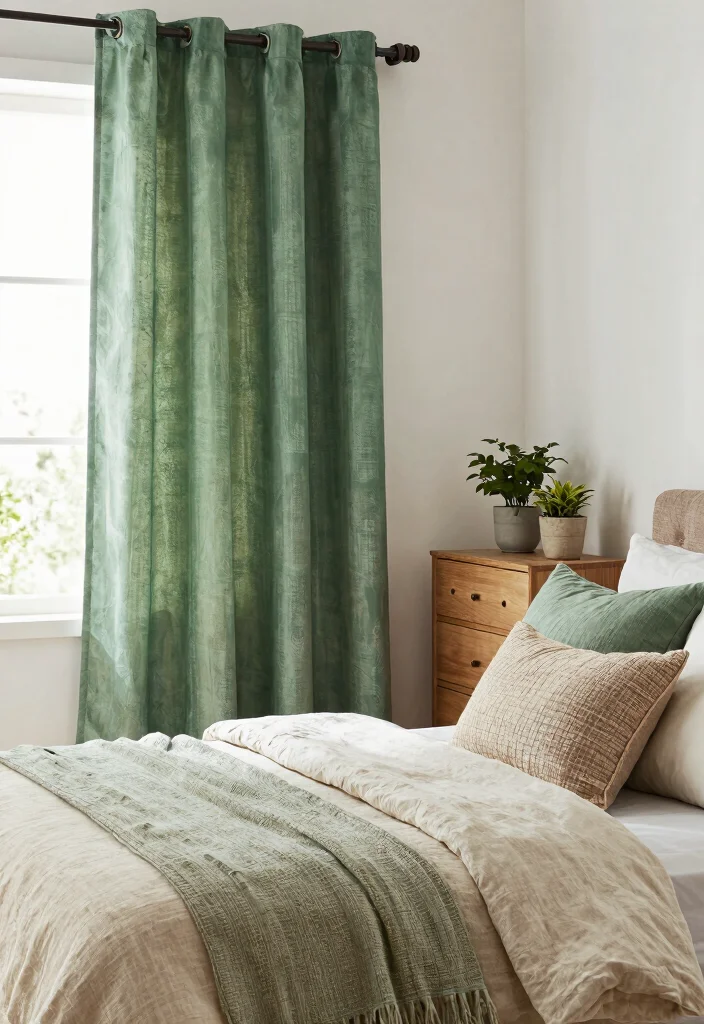14 Green Bedroom Curtains Ideas That Feel Calm & Fresh - 13. Eco-Dyed Green Curtains 1