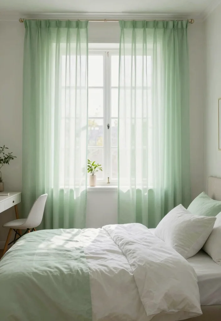 14 Green Bedroom Curtains Ideas That Feel Calm & Fresh - 5. Light Green Sheer Curtains 1