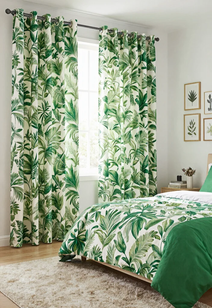 14 Green Bedroom Curtains Ideas That Feel Calm & Fresh - 6. Printed Green Curtains 1
