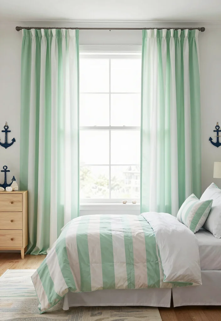 14 Green Bedroom Curtains Ideas That Feel Calm & Fresh - 7. Green and White Striped Curtains 1