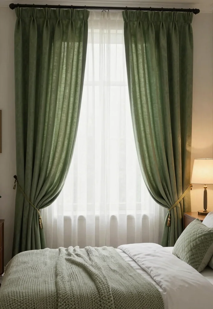 14 Green Bedroom Curtains Ideas That Feel Calm & Fresh - 8. Layered Green Curtains 1