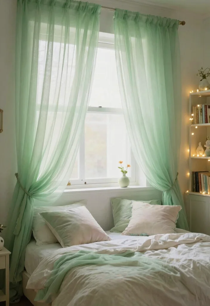 14 Green Bedroom Curtains Ideas That Feel Calm & Fresh - 9. Green Tulle Curtains 1