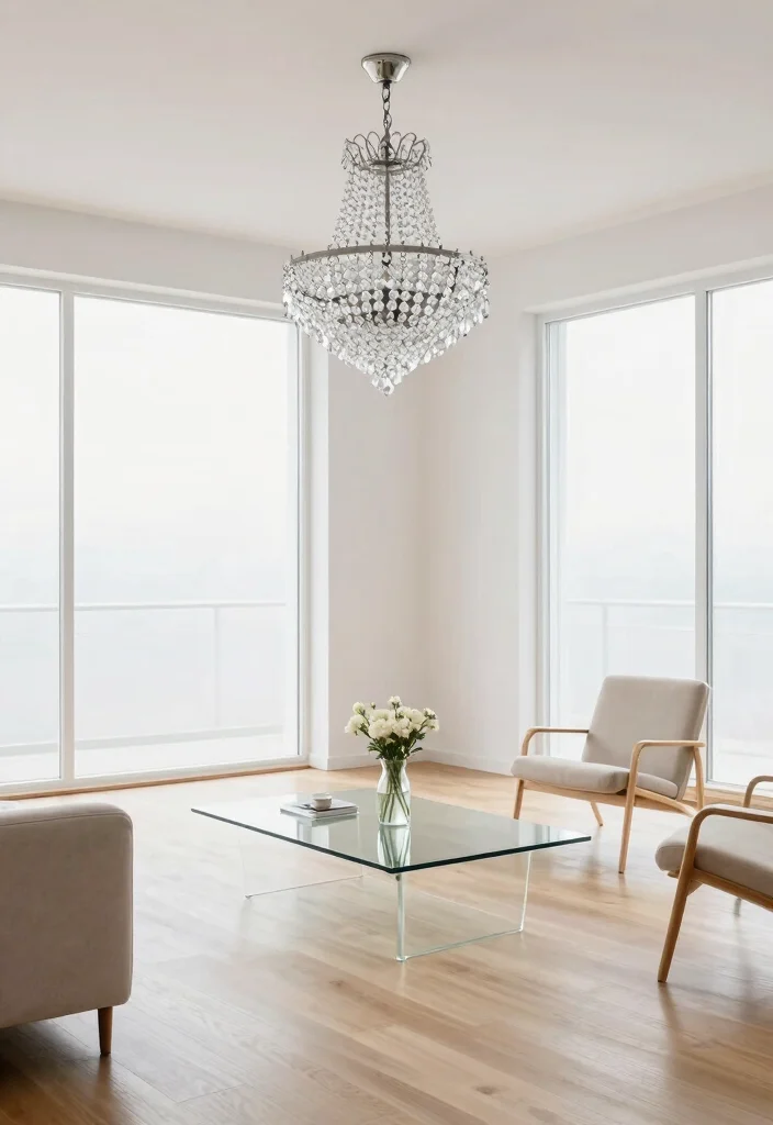 14 Small Chandelier Living Room Ideas That Add Glam - 1. Crystal Elegance for Minimalist Spaces 1