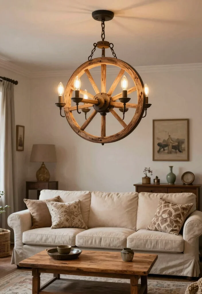 14 Small Chandelier Living Room Ideas That Add Glam - 10. Rustic Farmhouse Style with Wagon Wheel Chandeliers 1