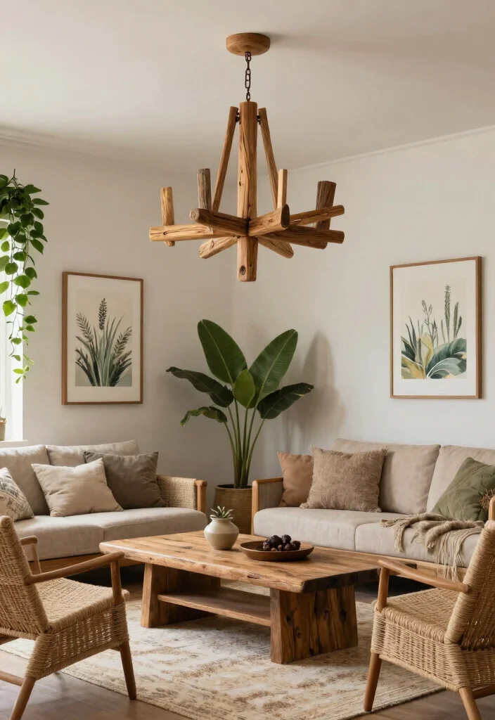 14 Small Chandelier Living Room Ideas That Add Glam - 7. Nature-Inspired with Wooden Chandeliers 1