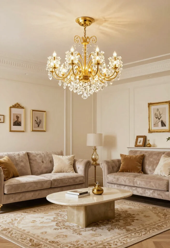 14 Small Chandelier Living Room Ideas That Add Glam - 8. Glamorous Gold for a Touch of Luxury 1