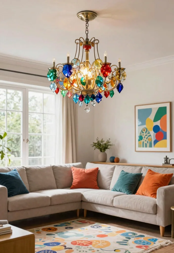 14 Small Chandelier Living Room Ideas That Add Glam - 9. Colorful Glass for a Vibrant Statement 1