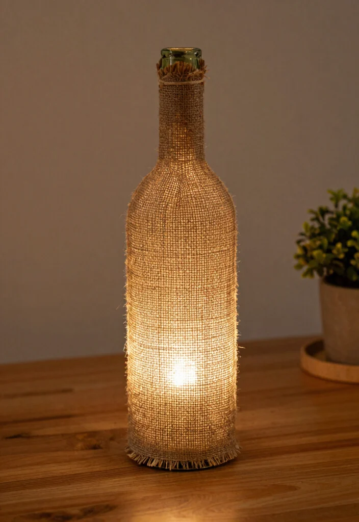 14 Wine Bottle Lamp Ideas That Feel Creative - 1. Rustic Burlap Wrap Lamp 1