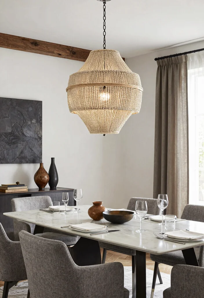 15 Beaded Chandelier Dining Room Ideas With Boho Flair - 12. Modern Rustic Beaded Chandelier 1