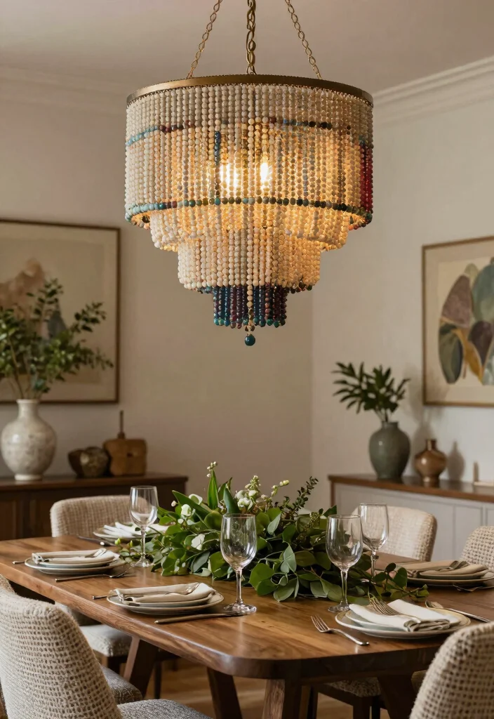15 Beaded Chandelier Dining Room Ideas With Boho Flair - 15. Layered Beaded Chandelier 1