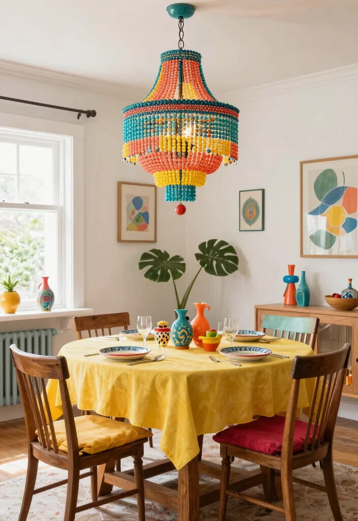 15 Beaded Chandelier Dining Room Ideas With Boho Flair - 5. Bright and Colorful Chandelier 1