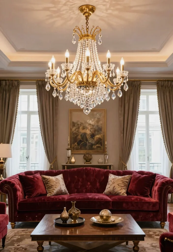 15 Chandelier for Living Room Ideas That Wow Guests - 3. Vintage Glamour Statement Piece 1