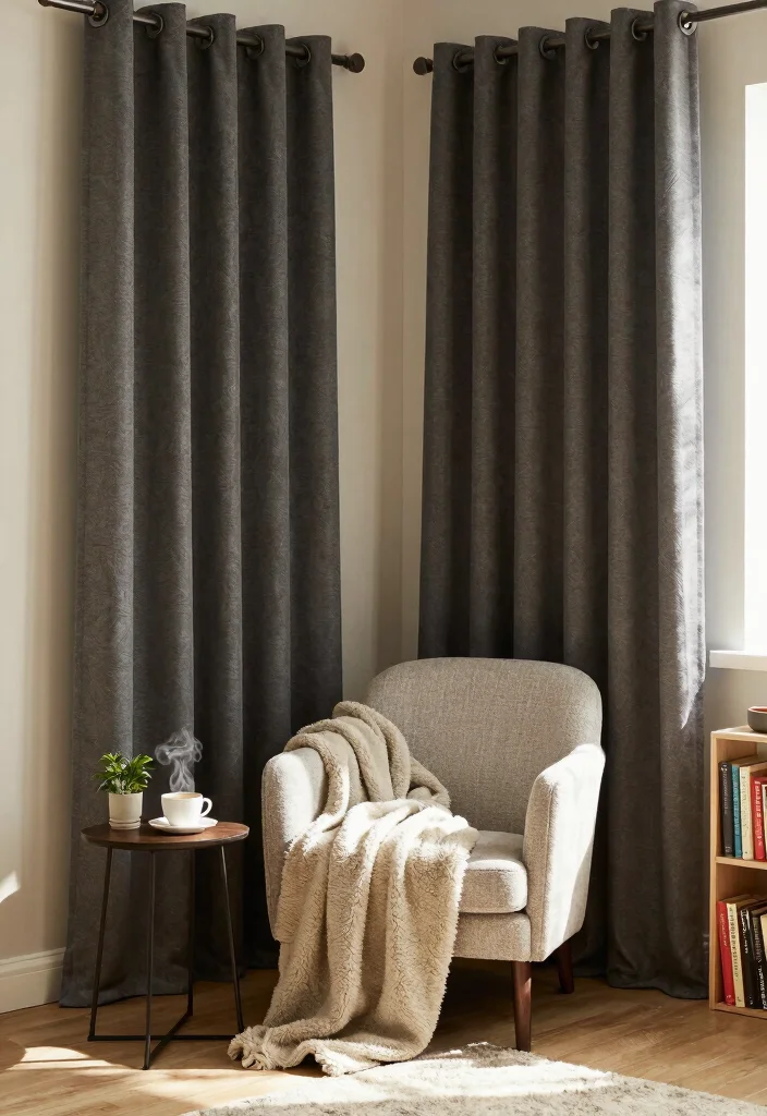 15 Dark Grey Curtains Living Room Ideas With Moody Vibes - 1. Cozy Corner Retreat 1