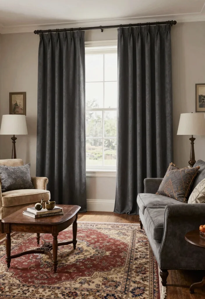 15 Dark Grey Curtains Living Room Ideas With Moody Vibes - 10. Timeless Tradition 1