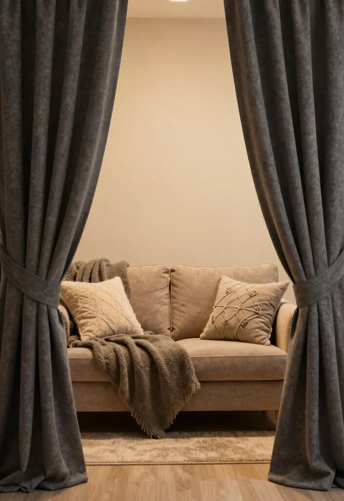 15 Dark Grey Curtains Living Room Ideas With Moody Vibes - 11. Cozy Layering with Throws 1