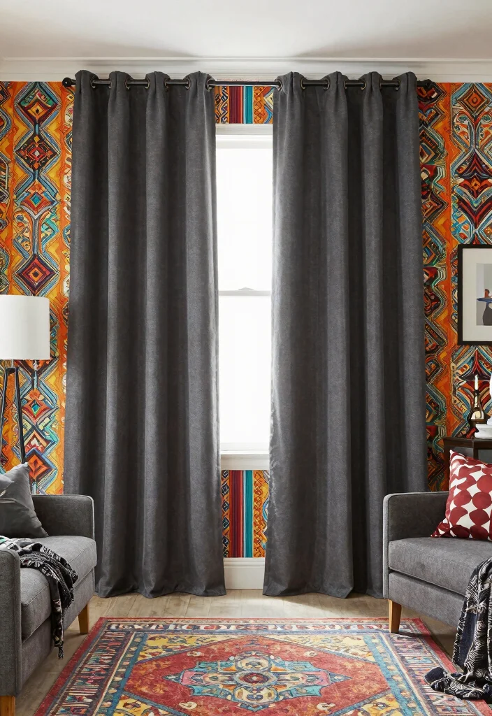 15 Dark Grey Curtains Living Room Ideas With Moody Vibes - 12. Play with Patterns 1