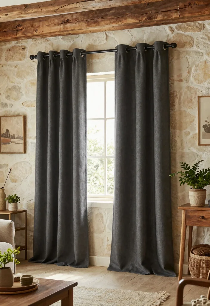 15 Dark Grey Curtains Living Room Ideas With Moody Vibes - 13. Rustic Touch 1