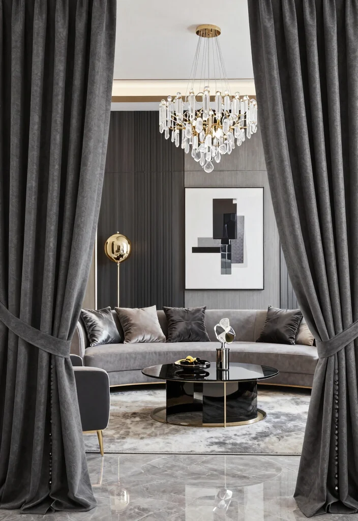 15 Dark Grey Curtains Living Room Ideas With Moody Vibes - 14. Modern Glam 1