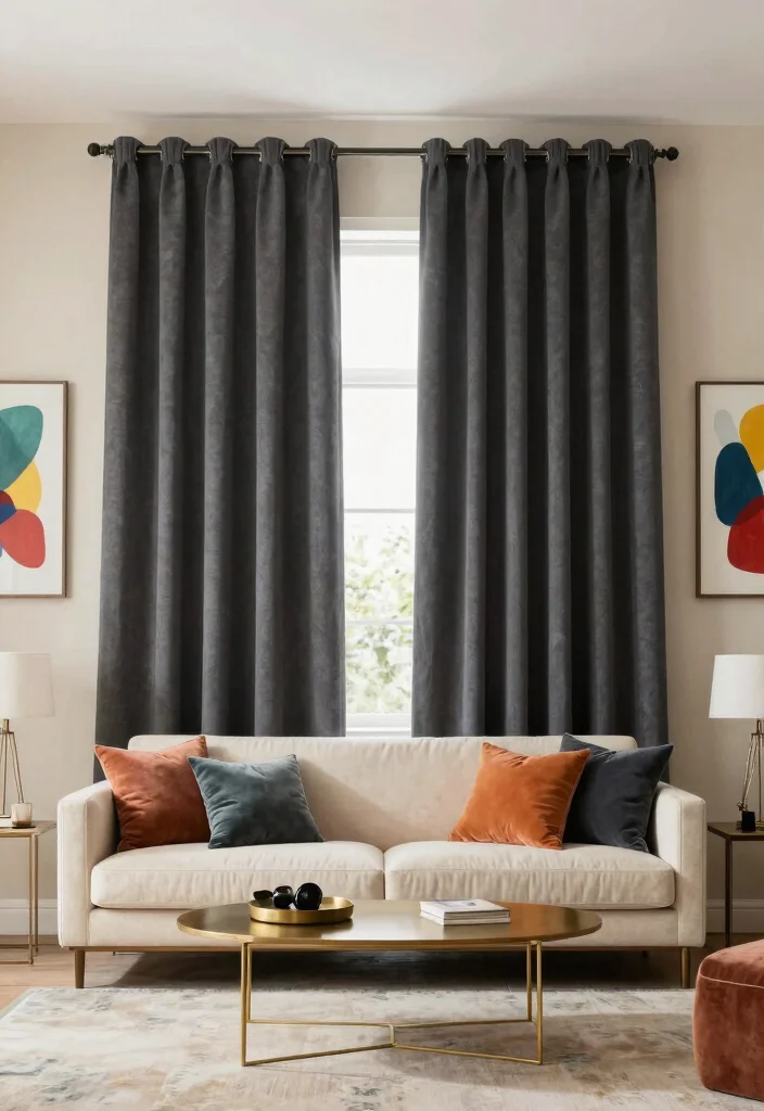 15 Dark Grey Curtains Living Room Ideas With Moody Vibes - 2. Bold Contrast with Light Walls 1