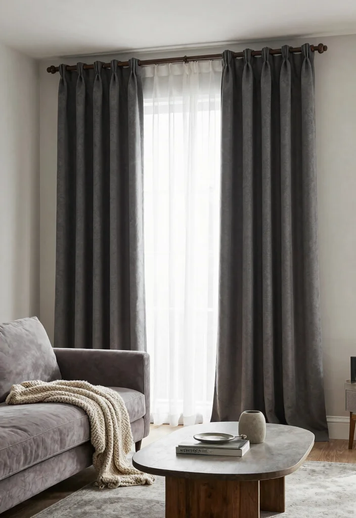15 Dark Grey Curtains Living Room Ideas With Moody Vibes - 3. Layered Textures 1