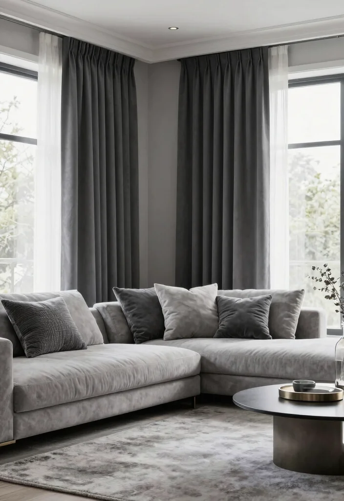 15 Dark Grey Curtains Living Room Ideas With Moody Vibes - 4. Monochromatic Elegance 1
