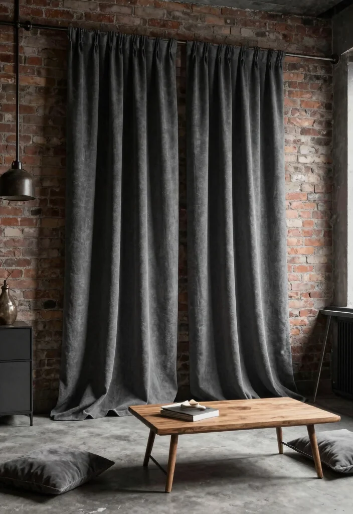 15 Dark Grey Curtains Living Room Ideas With Moody Vibes - 5. Industrial Chic 1
