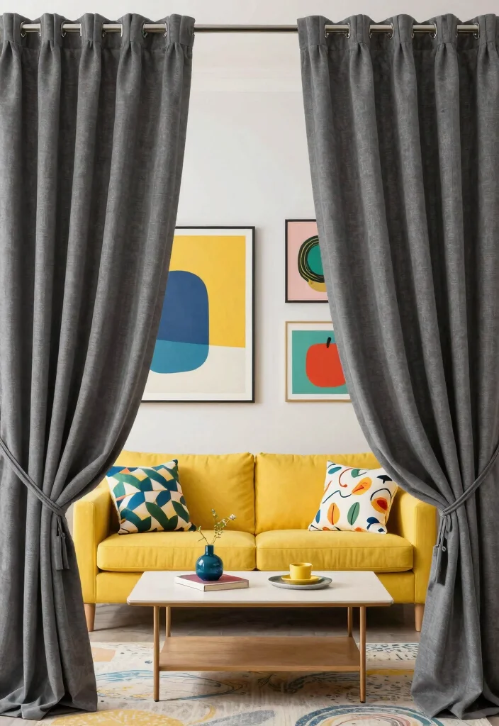 15 Dark Grey Curtains Living Room Ideas With Moody Vibes - 7. Vibrant Pops of Color 1