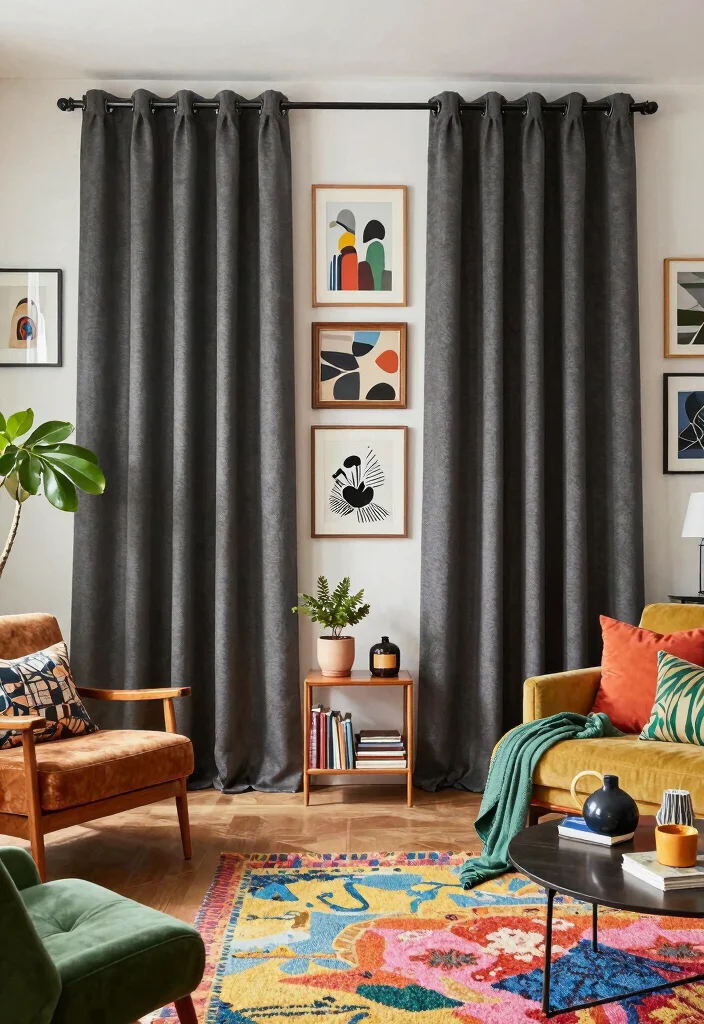 15 Dark Grey Curtains Living Room Ideas With Moody Vibes - 9. Eclectic Fusion 1