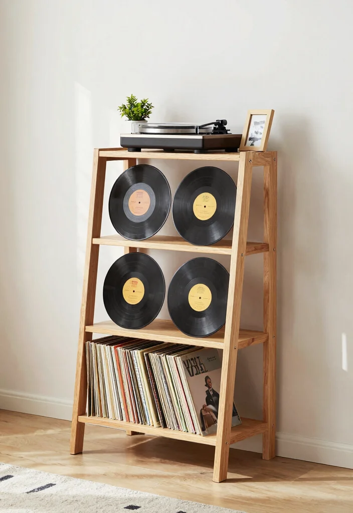 15 Record Player Bookshelf Ideas With Vintage Vibes - 10. Creative Ladder Shelf 1