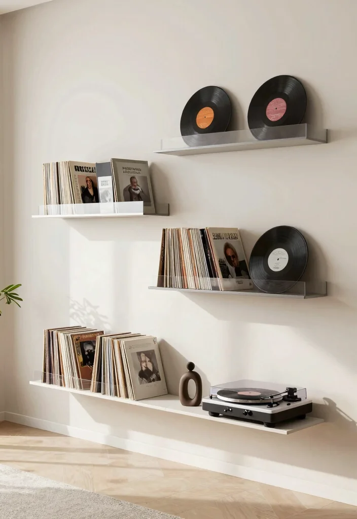 15 Record Player Bookshelf Ideas With Vintage Vibes - 11. Floating Shelves for Records 1