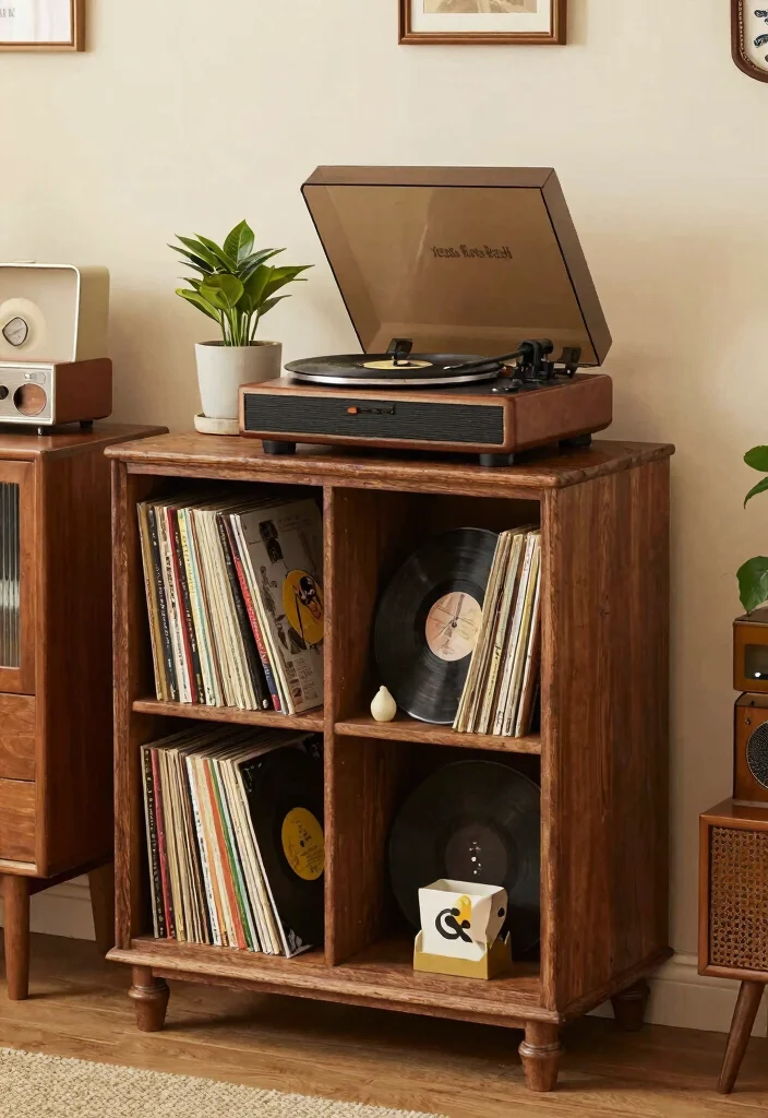 15 Record Player Bookshelf Ideas With Vintage Vibes - 12. Vintage Cabinet Refresh 1