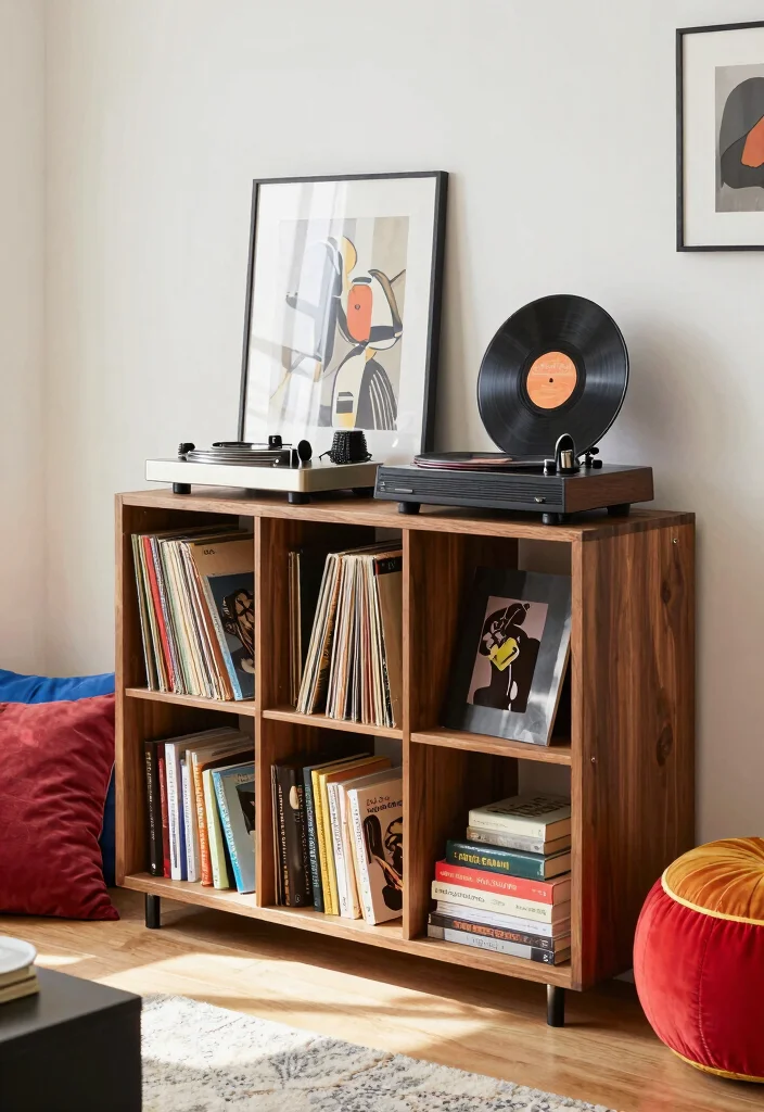 15 Record Player Bookshelf Ideas With Vintage Vibes - 13. Eclectic Mixed Media Shelf 1