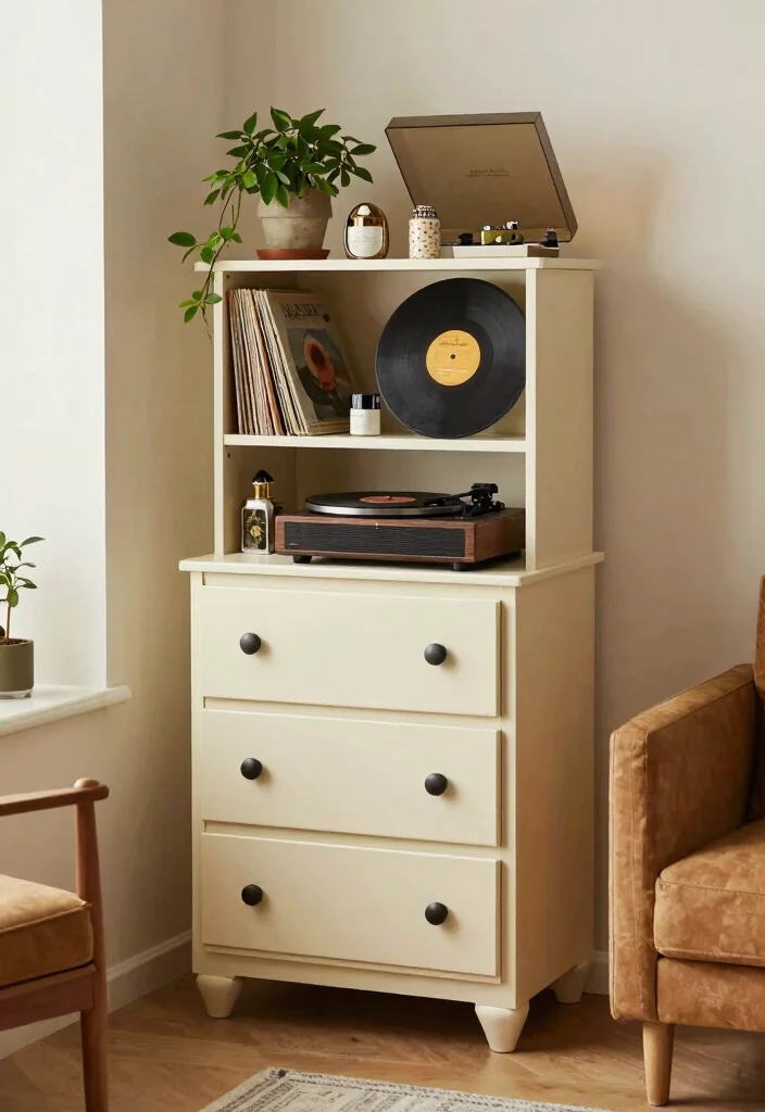15 Record Player Bookshelf Ideas With Vintage Vibes - 14. Repurposed Furniture Designs 1