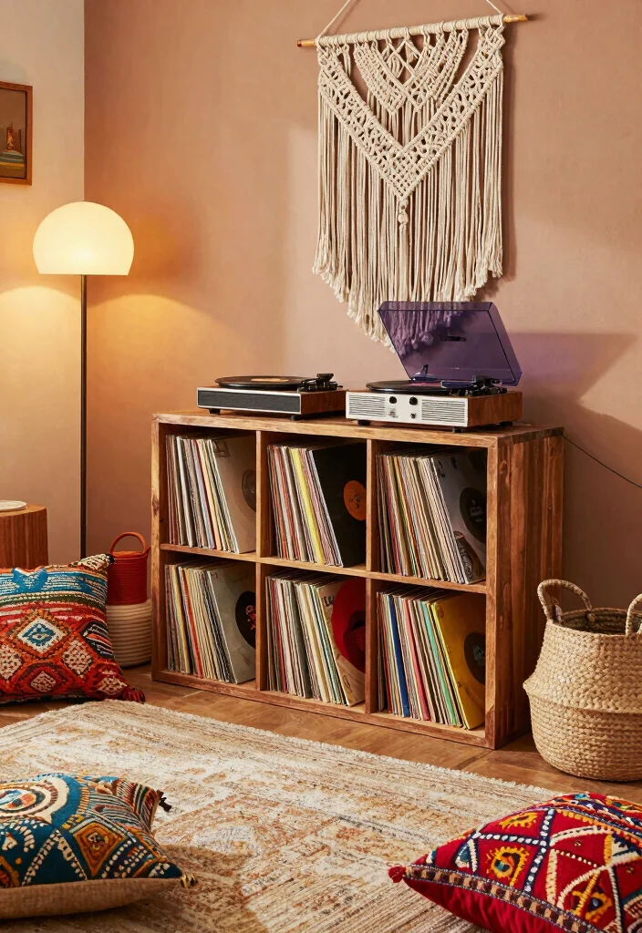 15 Record Player Bookshelf Ideas With Vintage Vibes - 2. Retro Boho Beauty 1