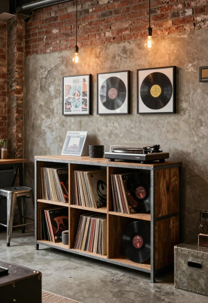 15 Record Player Bookshelf Ideas With Vintage Vibes - 3. Industrial Chic Design 1