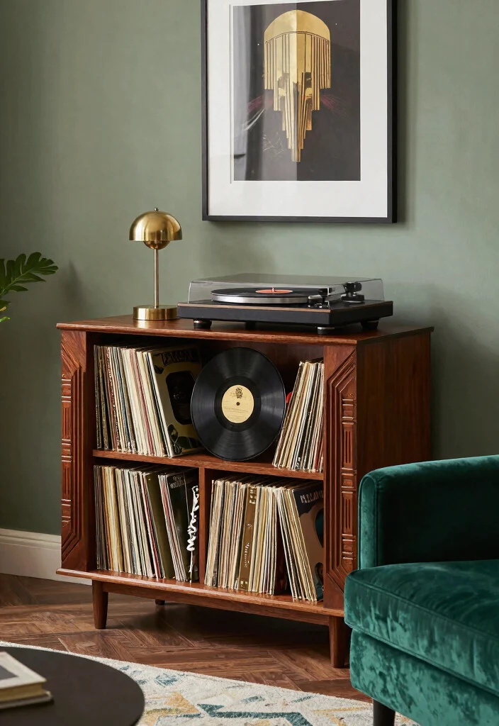 15 Record Player Bookshelf Ideas With Vintage Vibes - 4. Art Deco Elegance 1