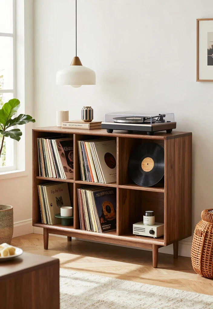 15 Record Player Bookshelf Ideas With Vintage Vibes - 5. Mid-Century Modern Marvel 1