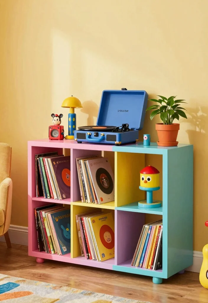 15 Record Player Bookshelf Ideas With Vintage Vibes - 6. Whimsical and Colorful 1